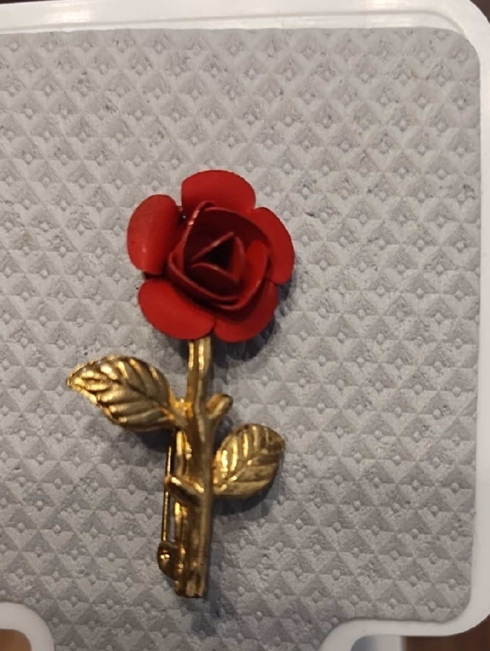 Red Rose Brooch with Gold Stem